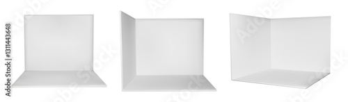 3d corner booth stand room in white design. Tradeshow perspective cube box on background. Showroom interior for presentation. Exhibit section on trade show. Kiosk stage isolated view in vector