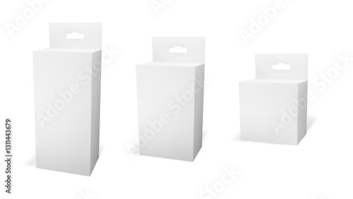 3d white box mockup for rectangle product. Blank carton medicine pack vector mock up. Cosmetic paper tab with hanger front and side view. Dummy packaging set of three for cream. Paperboard template.