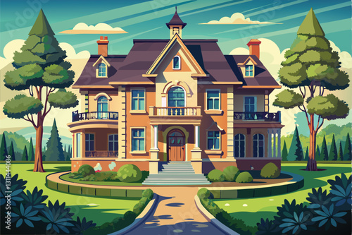A stunning Wilhelminian villa stands majestically amidst vibrant greenery and tall trees under clear skies, professional photo, wilhelminian style villa with large garden ar 32,