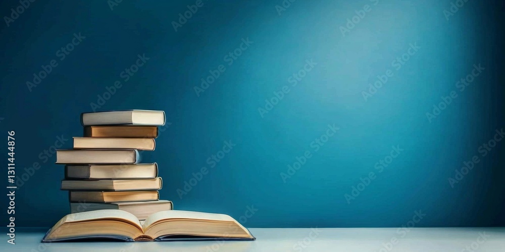A captivating photo of stacked books showcasing different colors and sizes on blue. A captivating photo of stacked books showcasing different colors and sizes on blue.