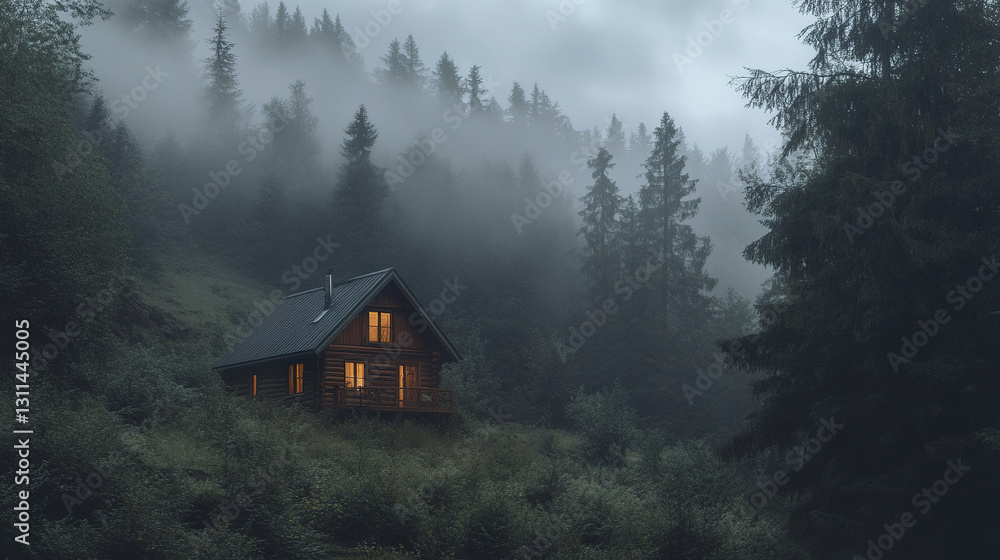 secluded cabin glows warmly in foggy forest valley secluded cabin glows warmly in foggy forest valley