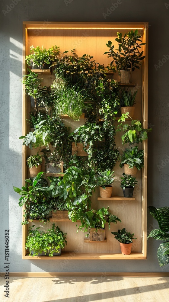 Naklejka premium Vertical garden with neatly arranged potted plants on a light wooden frame