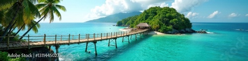 Precariously swaying bamboo bridge spans turquoise sea to lush island , travel photography, sea