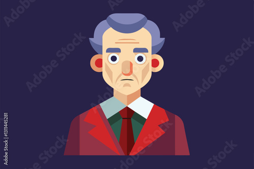 A professor with gray hair wearing a red jacket expresses a thoughtful demeanor, suitable for academic themes, Professor Customizable Semi Flat Illustration