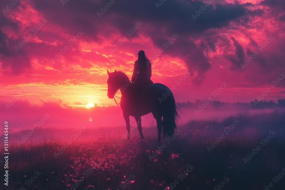 Fototapeta premium Rider on horseback silhouetted against a vibrant sunset sky with dramatic colors