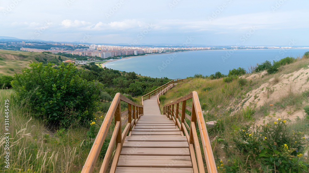 Fototapeta premium A breathtaking coastal view framed by rustic wooden steps