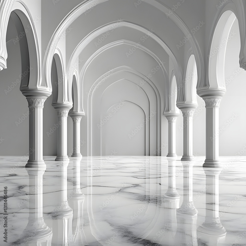 Elegant white marble hall with arched columns reflecting light, creating a serene atmosphere Elegant white marble hall with arched columns reflecting light, creating a serene atmosphere