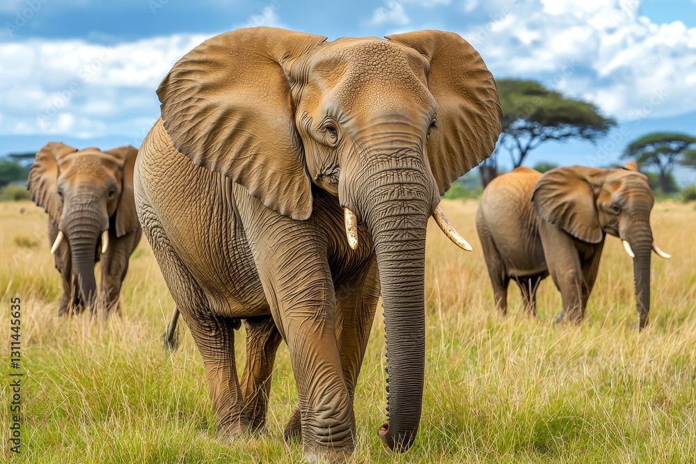 Obraz premium A herd of elephants grazes peacefully in a lush, open landscape under a bright blue sky, showcasing their majestic presence in nature.