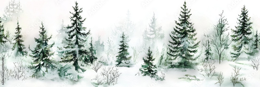 Fototapeta premium A serene watercolor illustration of snowy pine trees.