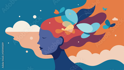 Transformation of Thoughts A side view of a person whose head is enveloped in a vibrant cloud formed by swirling lines and dots that gradually morph into butterflies. The