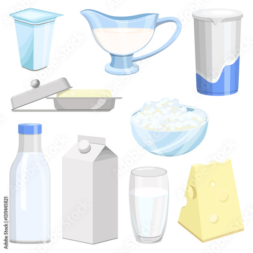A set of dairy products milk,cream,yogurt,butter,cheese,isolated on a white background.