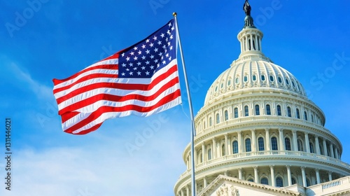 American flag waving proudly in front of the United States Capitol under a clear blue sky
