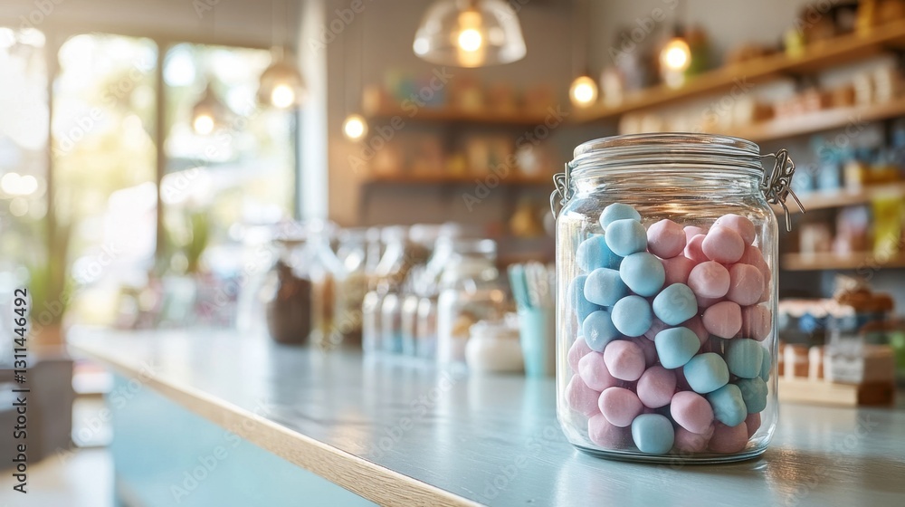 A jar filled with colorful candy displayed on a kitchen counter in a bright and inviting setting A jar filled with colorful candy displayed on a kitchen counter in a bright and inviting setting