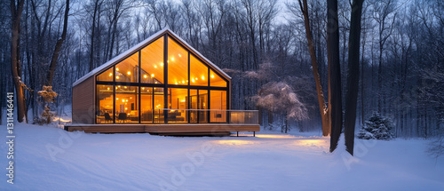 Winter glass cabin, warm lights shining through snow-1