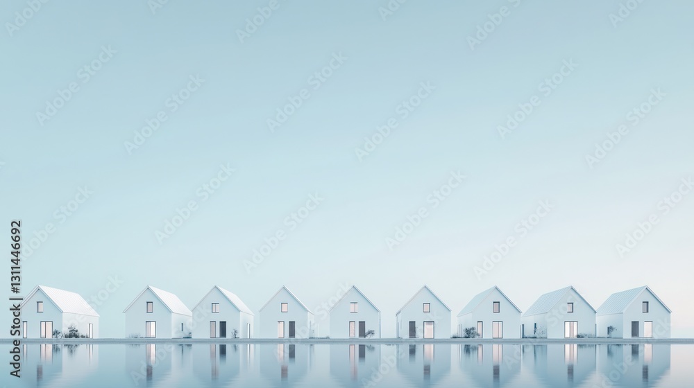 Row of modern houses reflecting in calm water, minimalist architecture, serene sky, real estate Row of modern houses reflecting in calm water, minimalist architecture, serene sky, real estate
