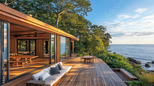 Beach cabin with panoramic windows, wood deck, and ocean backdrop-2