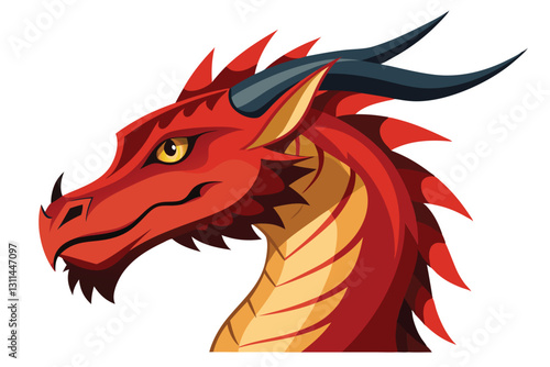 A striking red dragon head illustrated with intricate details and sharp features against a white backdrop, profile dragon head. isolated white background