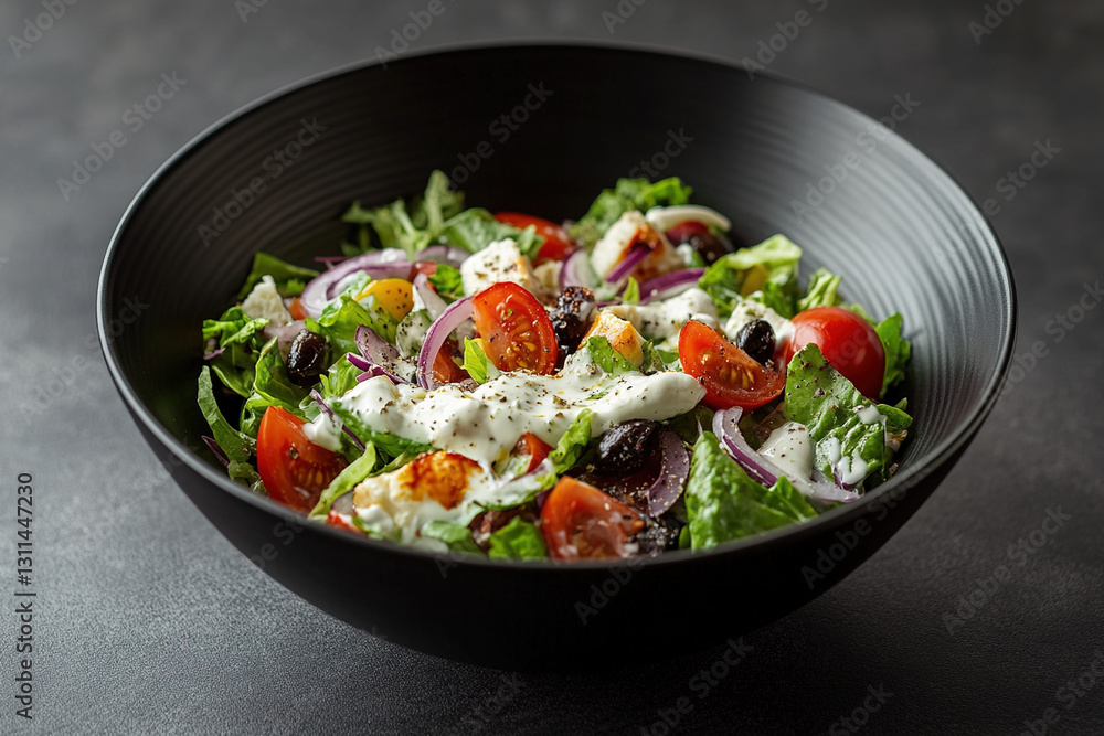 Close-up of a fresh and healthy chicken salad with tomatoes, red onion, olives, and creamy dressing in a black bowl. Close-up of a fresh and healthy chicken salad with tomatoes, red onion, olives, and creamy dressing in a black bowl.