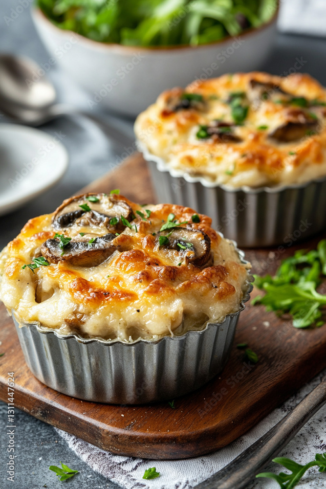 Julienne with mushrooms and cheese crust, served in small metal molds Julienne with mushrooms and cheese crust, served in small metal molds