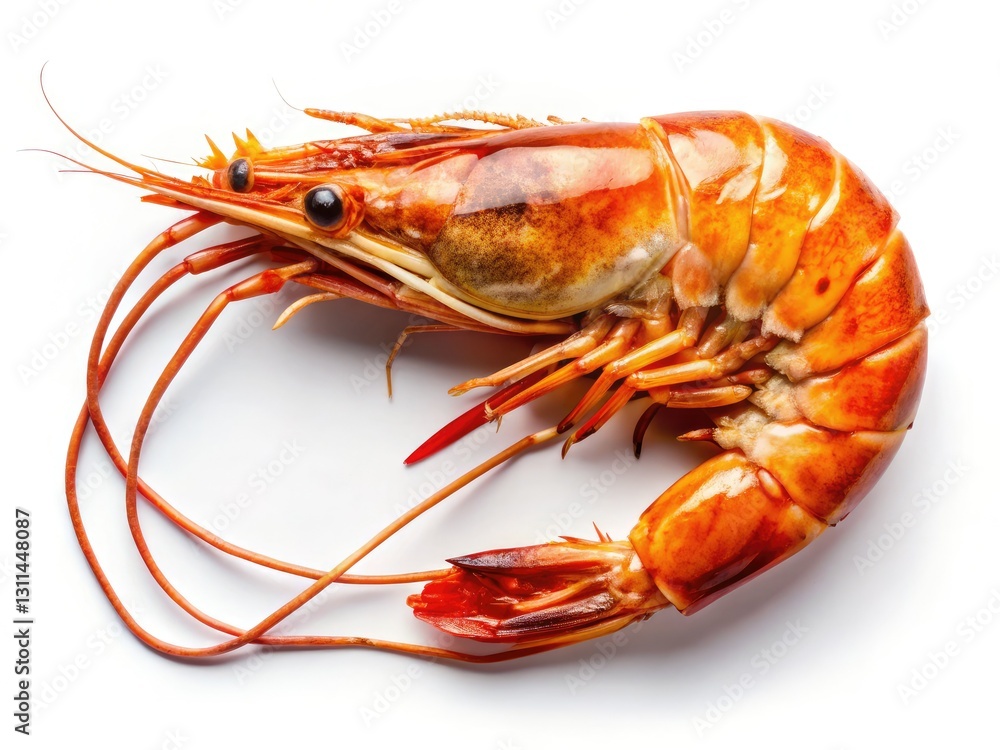 Giant grilled prawn, aerial view. Crisp, high-resolution food photography on white. Giant grilled prawn, aerial view. Crisp, high-resolution food photography on white.