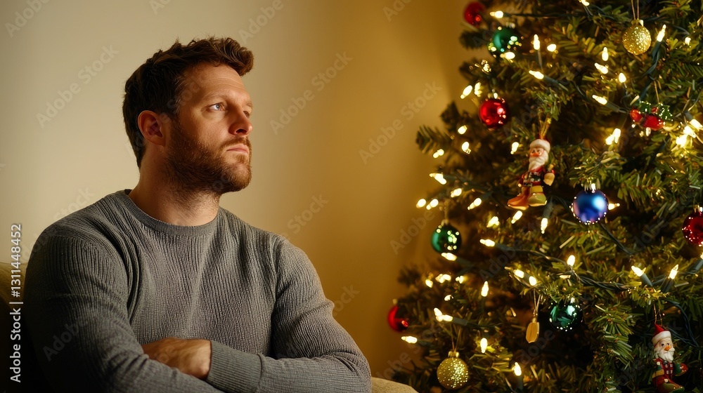 A thoughtful man gazes at a beautifully decorated Christmas tree, surrounded by warm lights, evoking a cozy holiday atmosphere. A thoughtful man gazes at a beautifully decorated Christmas tree, surrounded by warm lights, evoking a cozy holiday atmosphere.