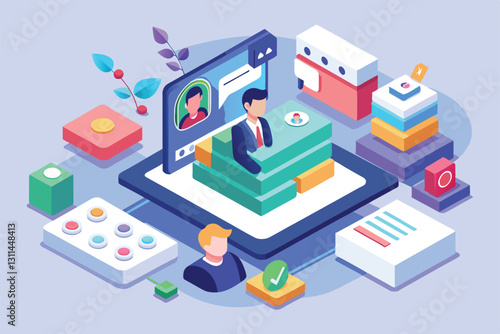 A user engages with a customizable profile interface featuring design elements and interactions, Profile interface Customizable Isometric Illustration