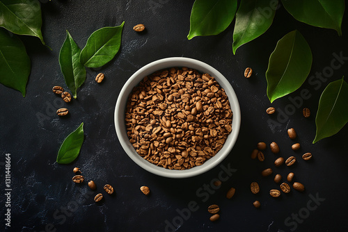 Overhead shot of roasted coffee beans in a bowl, surrounded by fresh coffee leaves on a dark background. photo