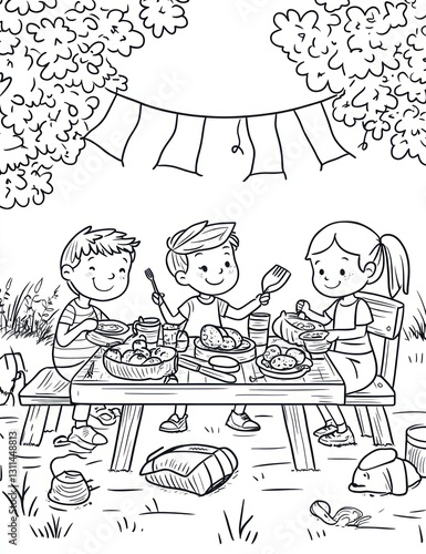 Children Picnic Outdoors Coloring Page