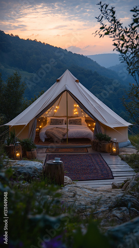 Modern glamping tent with panoramic mountain views, cozy pillows, candles, fireplace inside.
