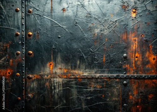 Grunge steel wallpaper:  black, scratched metal texture. Worn metallic plate surface; industrial dark metal background.