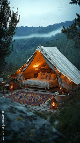 Modern glamping tent with panoramic mountain views, cozy pillows, candles, fireplace inside.