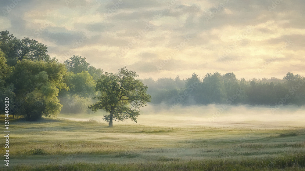 Serene landscape of rolling meadows veiled in morning mist Serene landscape of rolling meadows veiled in morning mist