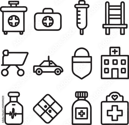 Black color Set of Hospital and medical health care editable stroke outline icons set isolated on white background flat vector illustration