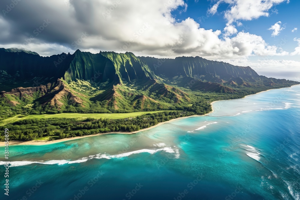 Fototapeta premium Hanalei Bay Aerial: A breathtaking aerial view of Hanalei Bay in Kauai, Hawaii, showcasing the vibrant turquoise ocean meeting the lush green mountains under a dramatic sky.