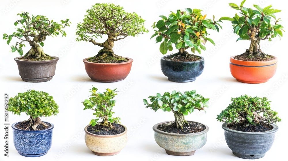 Fototapeta premium Collection of colorful bonsai trees arranged on display with various shapes and sizes