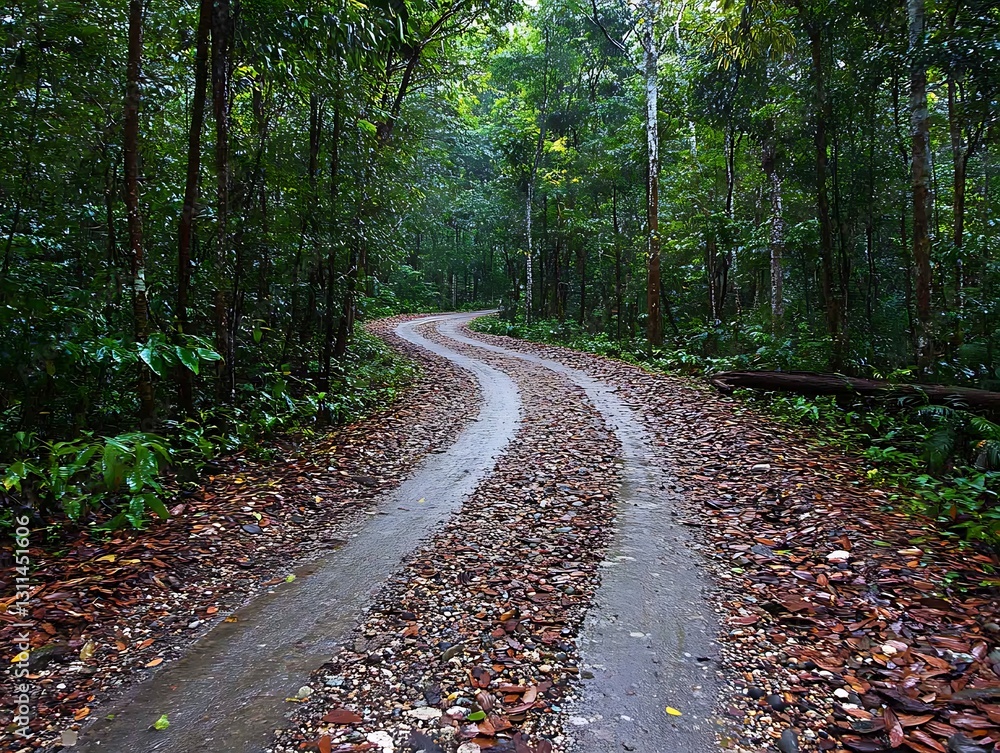 Fototapeta premium Rain-soaked forest road curves