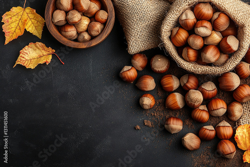 Hazelnuts in a wooden bowl and burlap sack, with autumn leaves on a dark background.  Perfect for fall recipes and food blogs.