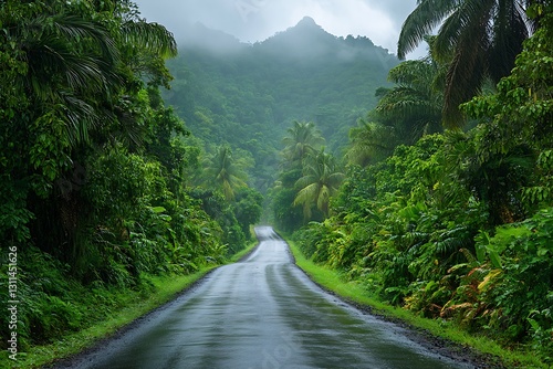 Fototapeta Naklejka Na Ścianę i Meble -  Rain-soaked road through lush tropical jungle