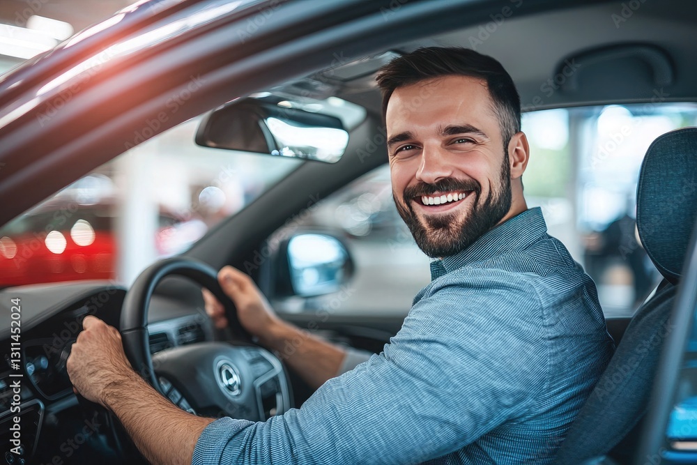 A happy man is driving a new car at a showroom, looking over his shoulder and smiling at the camera while sitting in the driver's seat of his vehicle A happy man is driving a new car at a showroom, looking over his shoulder and smiling at the camera while sitting in the driver's seat of his vehicle