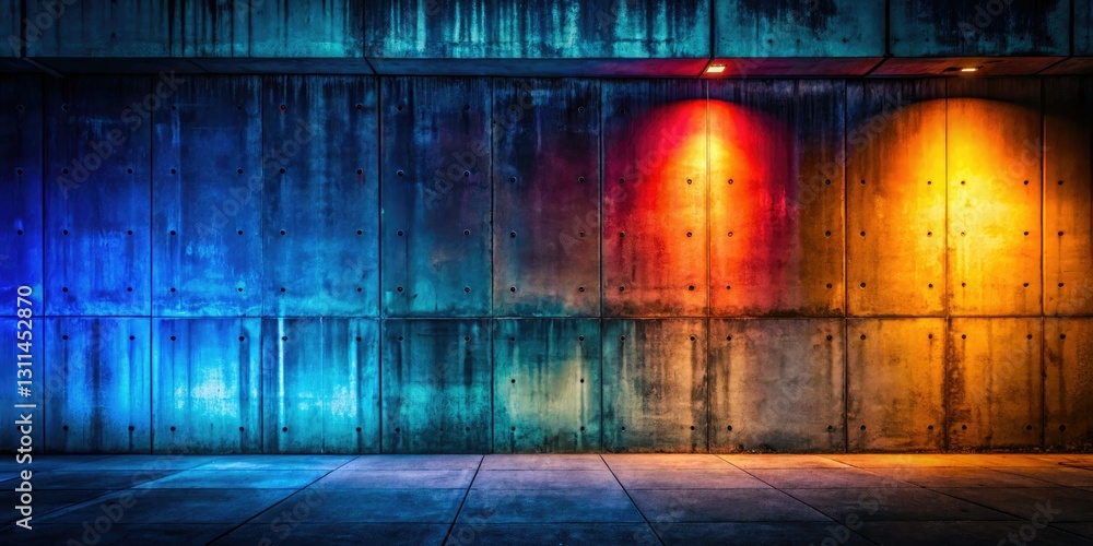 Naklejka premium Industrial night scene; dark concrete wall, textured surface, grunge lighting creates urban atmosphere.