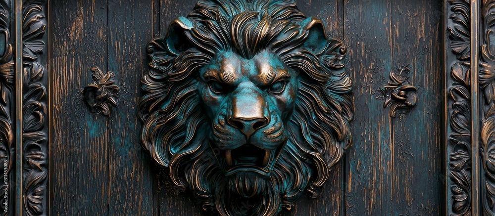 Intricate craftsmanship of a bronze door handle featuring a lion design. Intricate craftsmanship of a bronze door handle featuring a lion design.