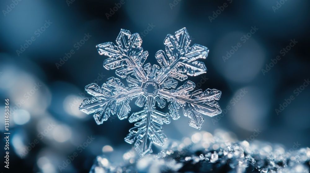 Detailed Macro Photograph of a Single Snowflake on a Blue Background Detailed Macro Photograph of a Single Snowflake on a Blue Background