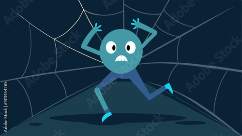 Web Encounter A side view of a character caught midstride one foot raised as they walk into a large exaggeratedly cartoonish spider web depicted as a large intricate pattern in the