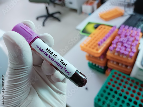 Blood samples for HbA1c (Hemoglobin A1c). Diabetic treatment monitoring in the laboratory background.