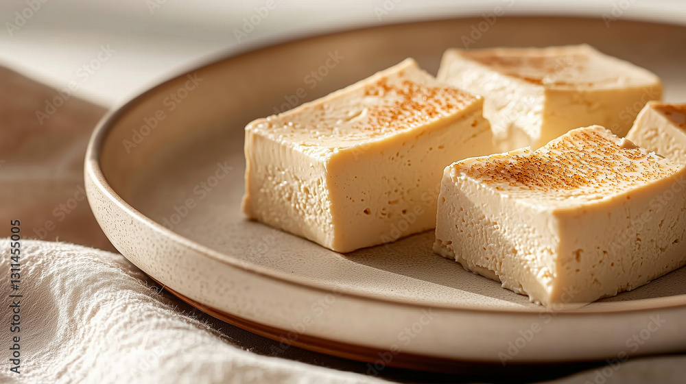 Creamy golden brown tofu cheese on a rustic plate with copyspace Creamy golden brown tofu cheese on a rustic plate with copyspace