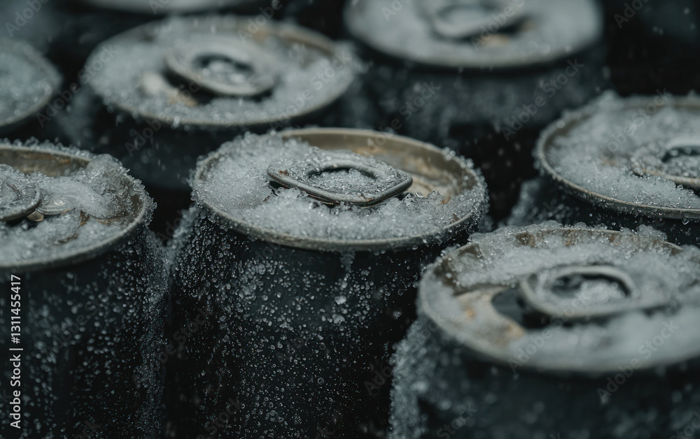 Close-up of several aluminum cans covered in ice and water droplets Close-up of several aluminum cans covered in ice and water droplets