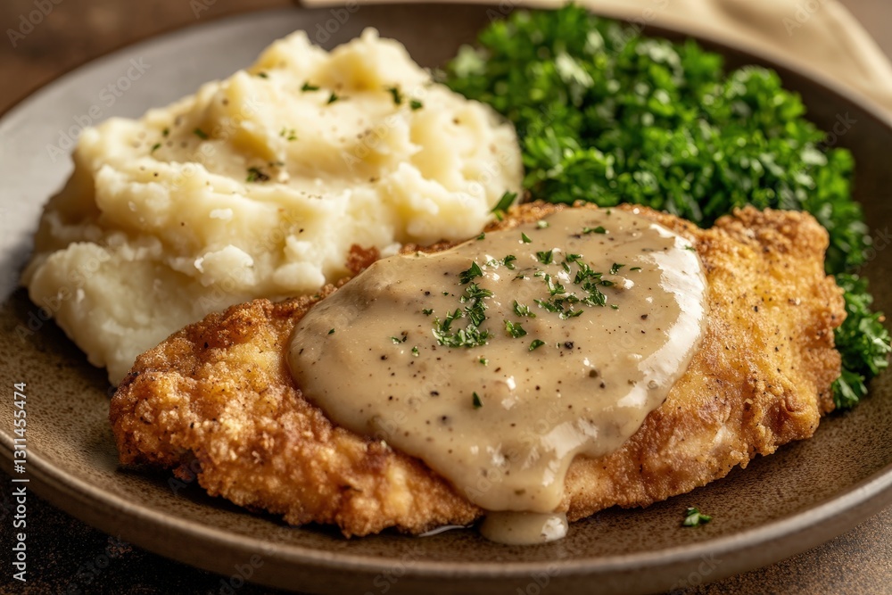 Chicken fried steak with gravy served with mashed potatoes and greens Chicken fried steak with gravy served with mashed potatoes and greens