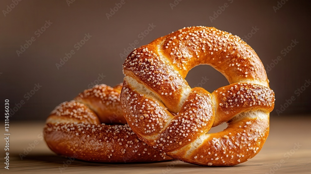 A close-up view of two golden-brown pretzels adorned with coarse salt, embodying a perfect combination of texture and flavor splendidly captured against a warm background. A close-up view of two golden-brown pretzels adorned with coarse salt, embodying a perfect combination of texture and flavor splendidly captured against a warm background.