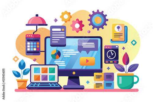 A vibrant workspace layout showcases a computer, laptop, and smartphone surrounded by coding elements and plants, Programming Customizable Flat Illustration