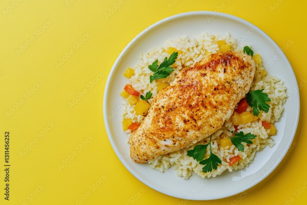 Grilled chicken breast with rice and diced vegetables presented on a plate Grilled chicken breast with rice and diced vegetables presented on a plate